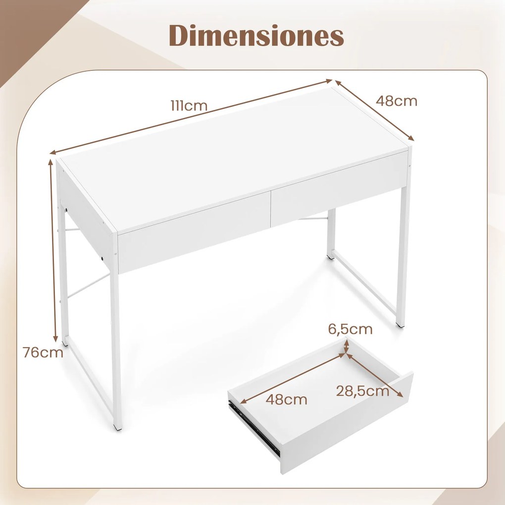 Secretária para computador 111 x 48 x 76 cm com 2 gavetas e estrutura metálica resistente para quarto, escritório, casa ou sala de jogos - Branca