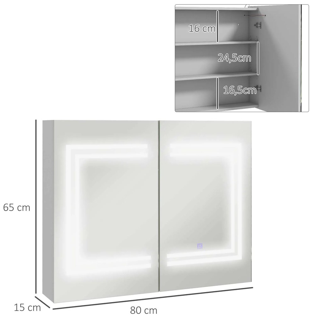 Armário Casa de Banho com Espelho e Luz LED Interruptor Tátil e Cor da Luz Ajustável 80x15x65 cm Branco Brilhante