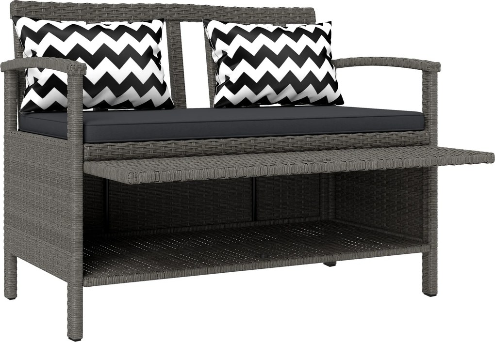 Banco de jardim 112 x 62 x 82 cm de 2 lugares com arrumação de 160 L em rattan PE, com almofada e 2 travesseiros, , cinzento