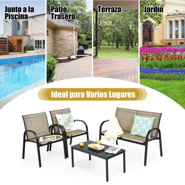 Conjunto jardim de mesa de centro, cadeirão e banco para mobiliário Mesa de jardim em ferro e rede Mesa de centro para terraço exterior Castanho