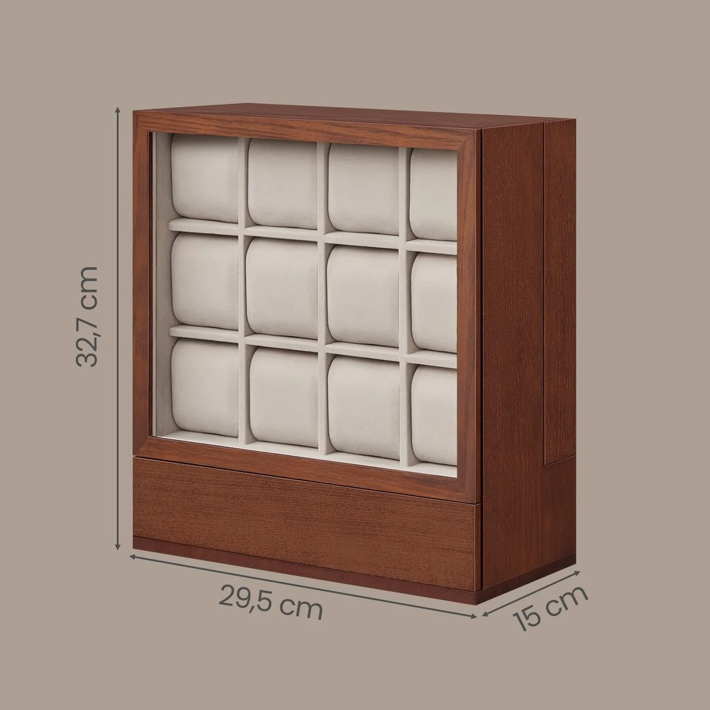 Caixa para relógios com 12 compartimentos, folheado de madeira maciça com janela 15,5 x 30 x 33,2 cm castanho