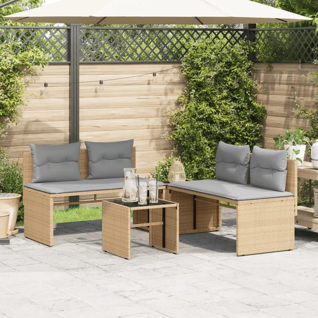 4 pcs conjunto de sofás para jardim c/ almofadões vime PE bege