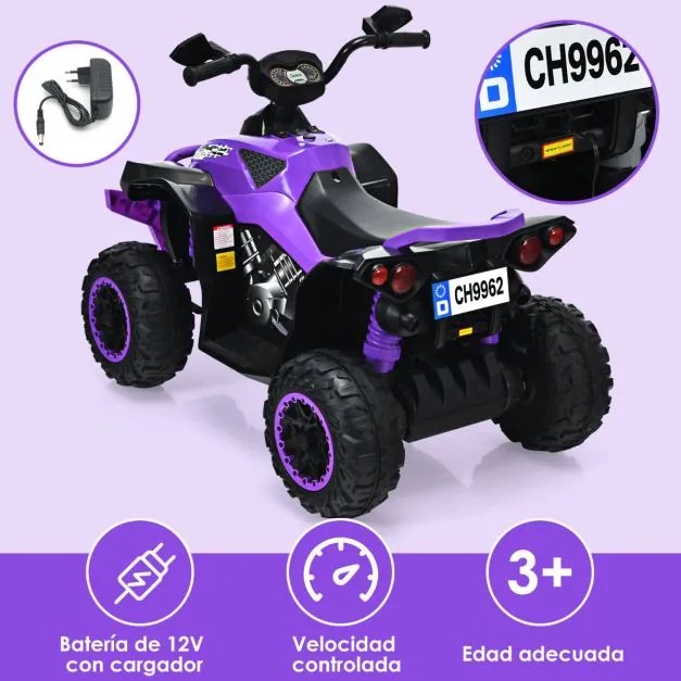 Moto 4 Elétrica para Crianças a Bateria 12V com Velocidade Ajustável Luzes LED Música Pedal3-8 Anos 94 x 60 x 73 cm Roxo