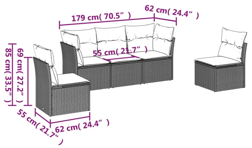 5 pcs conjunto de sofás p/ jardim com almofadões vime PE bege