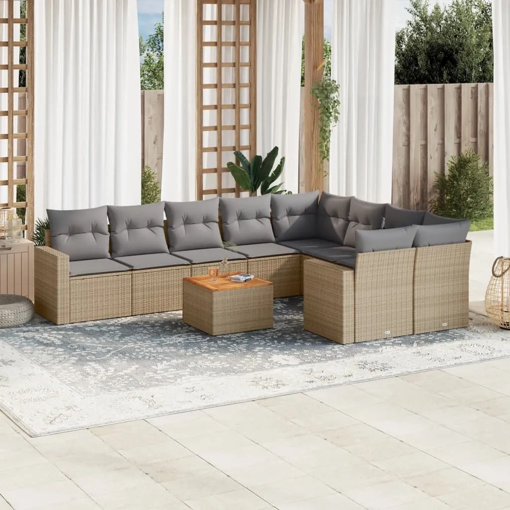 vidaXL 10 pcs conj. sofás jardim c/ almofadões vime PE bege misturado