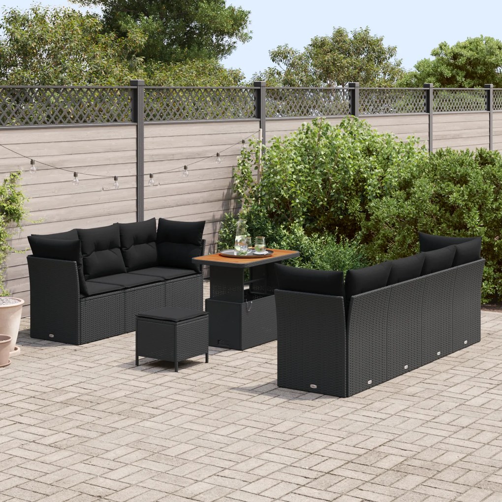 Conjunto de Sofás de Jardim vidaXL de 10 Peças com Almofadas Preto Pol