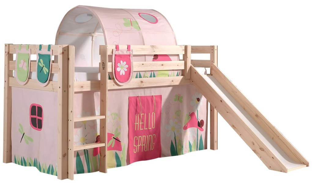 Conjunto Cama alta de Criança PINO 90 x 200 cm + estrado + escada + escorrega + cortina + túnel + bolsas de arrumação Primavera Natural