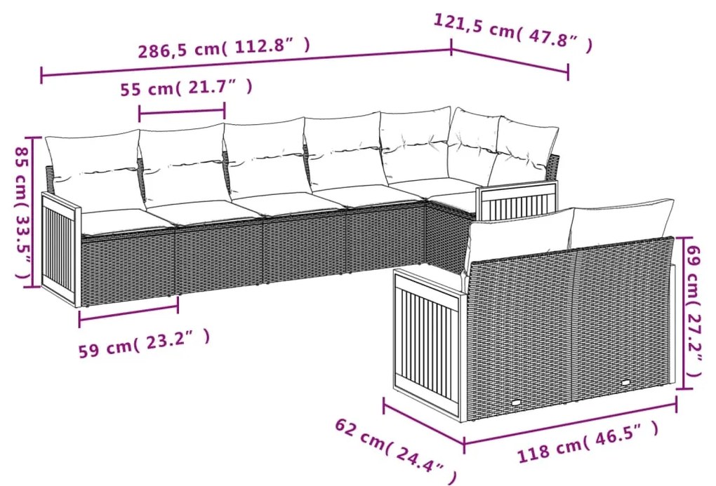 8 pcs conjunto de sofás p/ jardim com almofadões vime PE bege