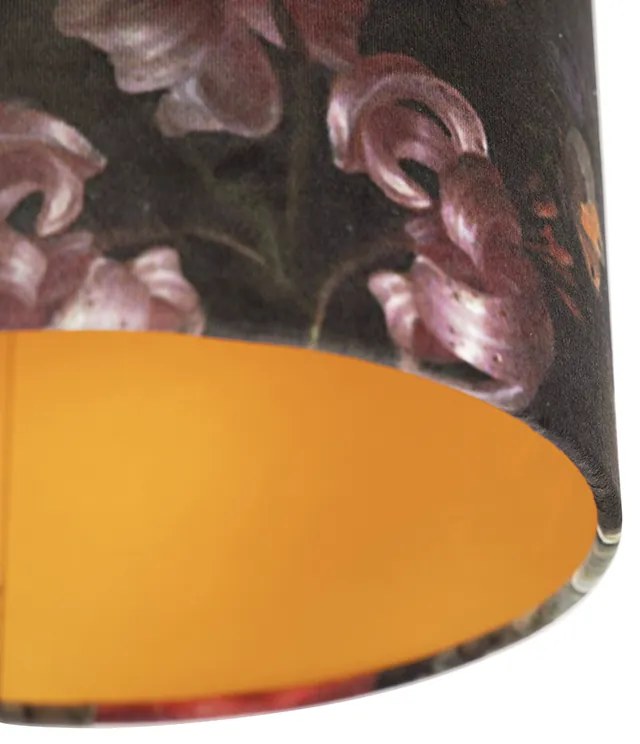 Candeeiro de teto com abajur de veludo com flores douradas de 25 cm - Combi preto Clássico / Antigo