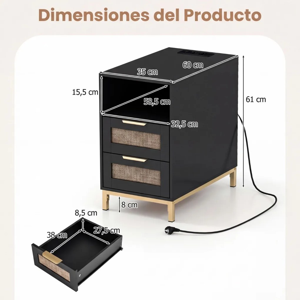 Conjunto de 2 mesas de cabeceira em rattan 60 x 35 x 61 cm com estação de carregamento e 2 gavetas estilo boho com armazenamento aberto preto e dourad
