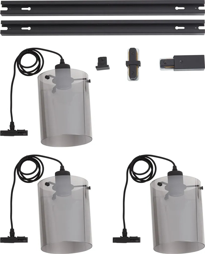 Sistema de calha monofásico moderno preto com 3 candeeiros pendentes de vidro fumado - Iconic Dome