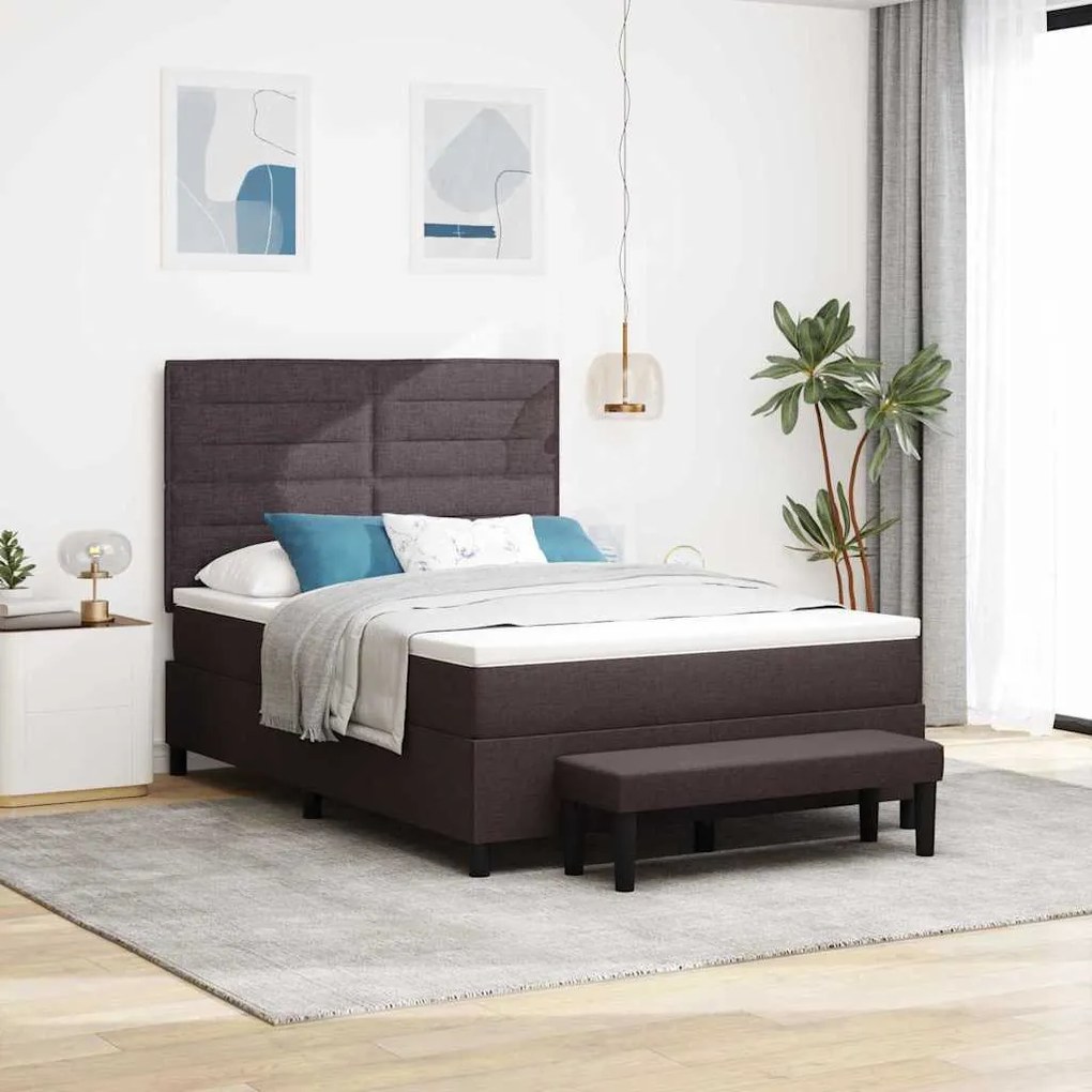 Cama Box Spring com Colchão &amp; Banco Castanho 140x200 cm Tecido