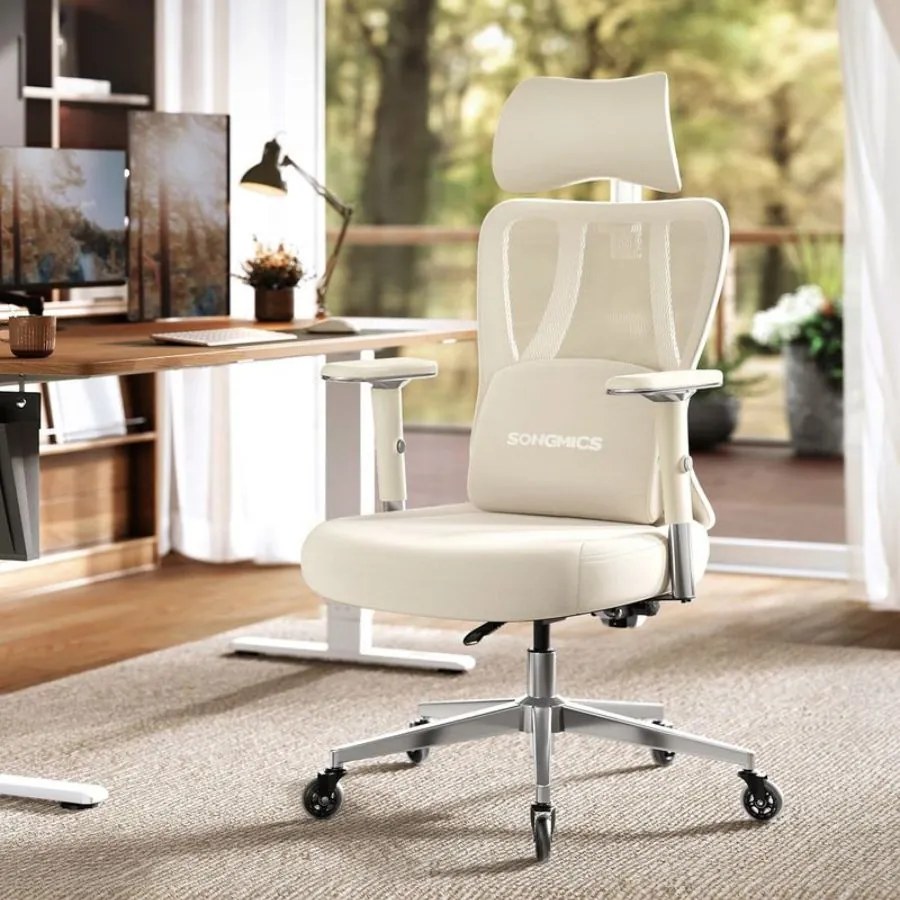 Cadeira de escritório ergonómica com apoio ajustável 70 x 70 x (112-136) cm, castanho-camelo e branco