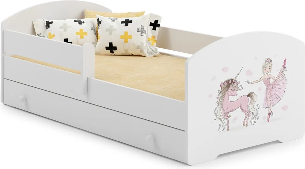 Cama infantil branca Luk unicórnio e princesa 140x70 com gaveta - colchão e estrado incluído