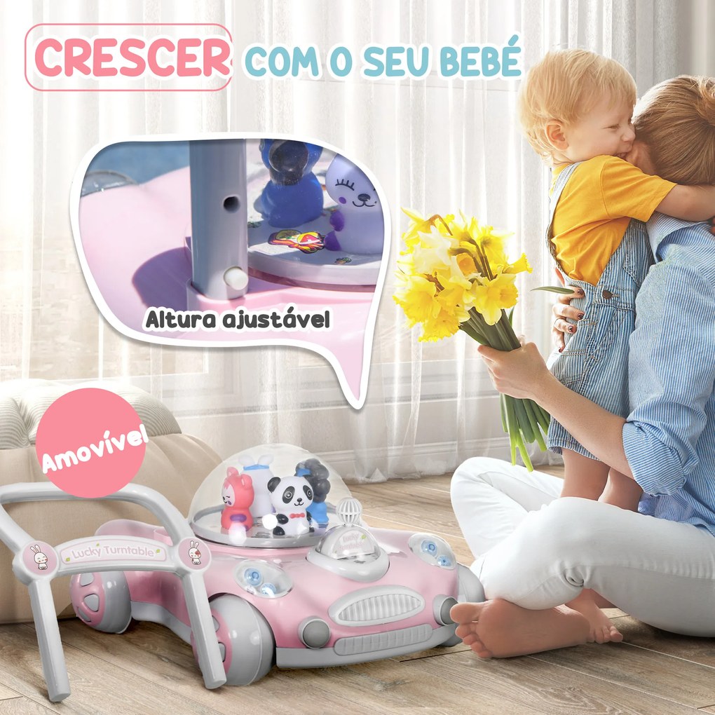 Andador para Bebés com Altura Ajustável Música Rodas Antiderrapantes Luzes Guiador Desmontável 43,4x40,6x43 cm Rosa