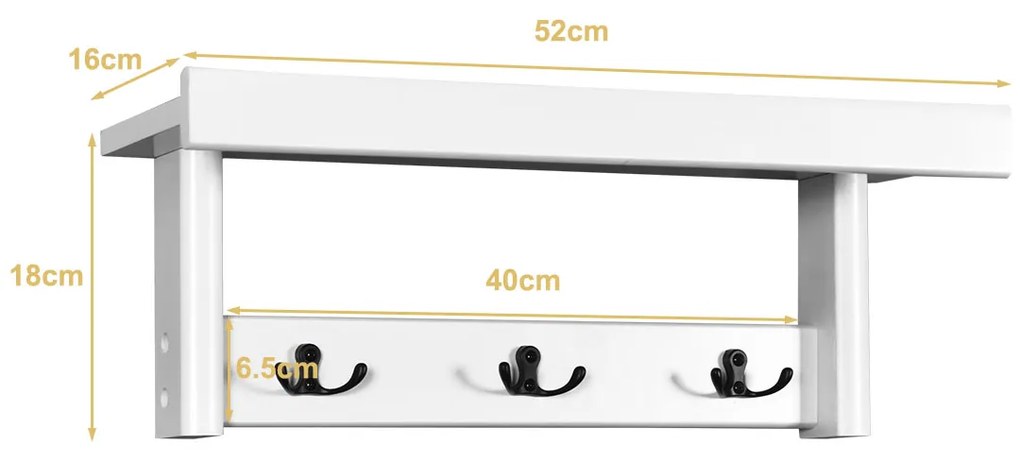 Cabide de parede com 3 ganchos duplos e prateleira moderna para entrada Cozinha de casa de banho de quarto 52 x 16 x 18 cm branco