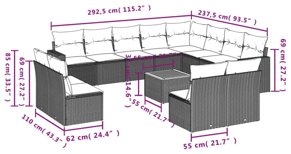 13 pcs conjunto sofás p/ jardim c/ almofadões vime PE cinzento