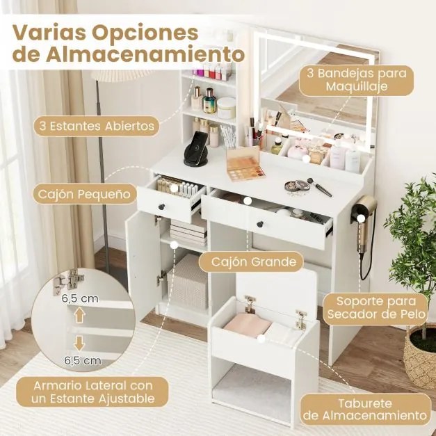 Toucador com banco, espelho e luzes LED reguláveis com estação de carregamento, 3 prateleiras abertas, 2 gavetas, 90 x 40 x 135 cm, branca