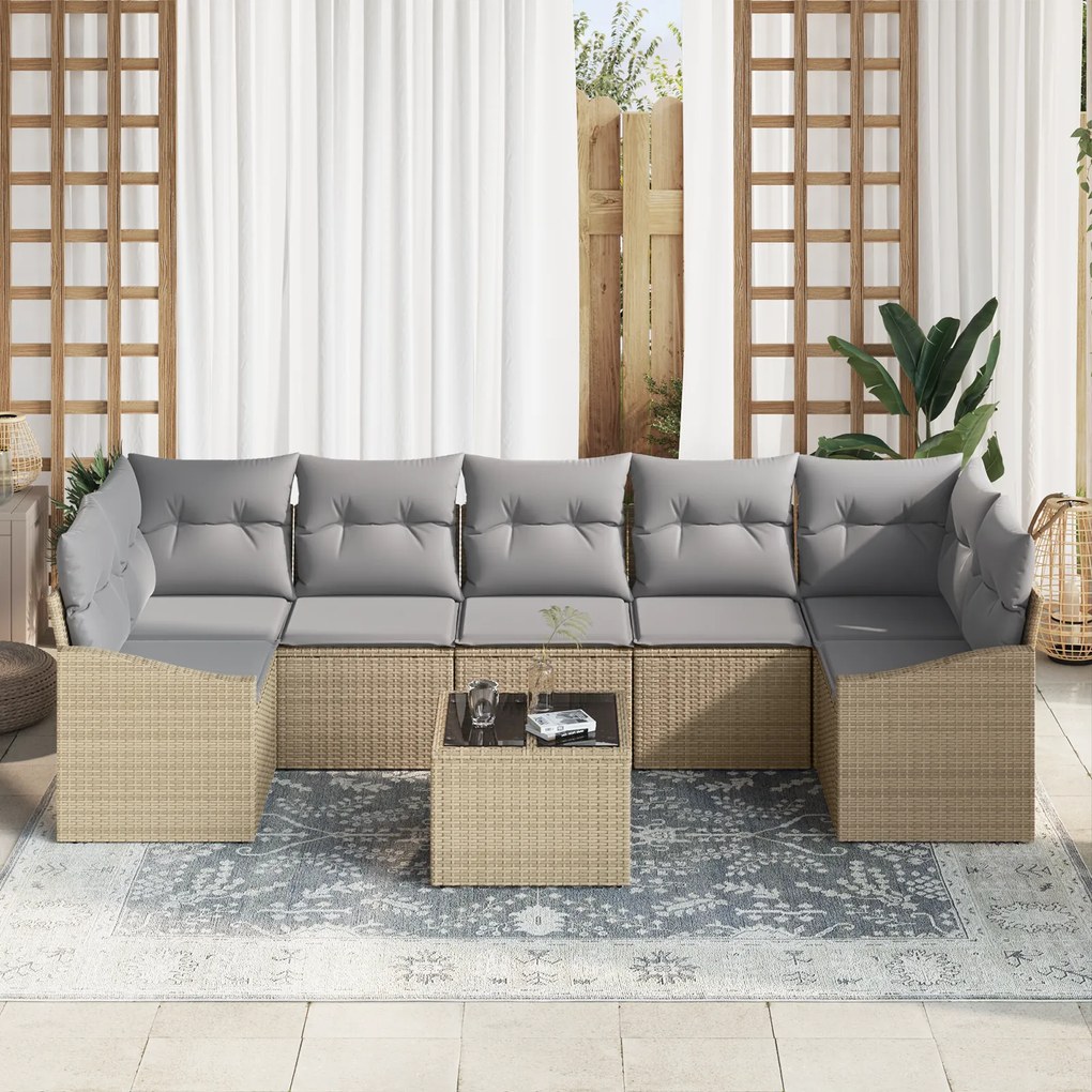 Conjunto de Sofá de Jardim de 8 Peças com Almofadas Bege Vime Rattan