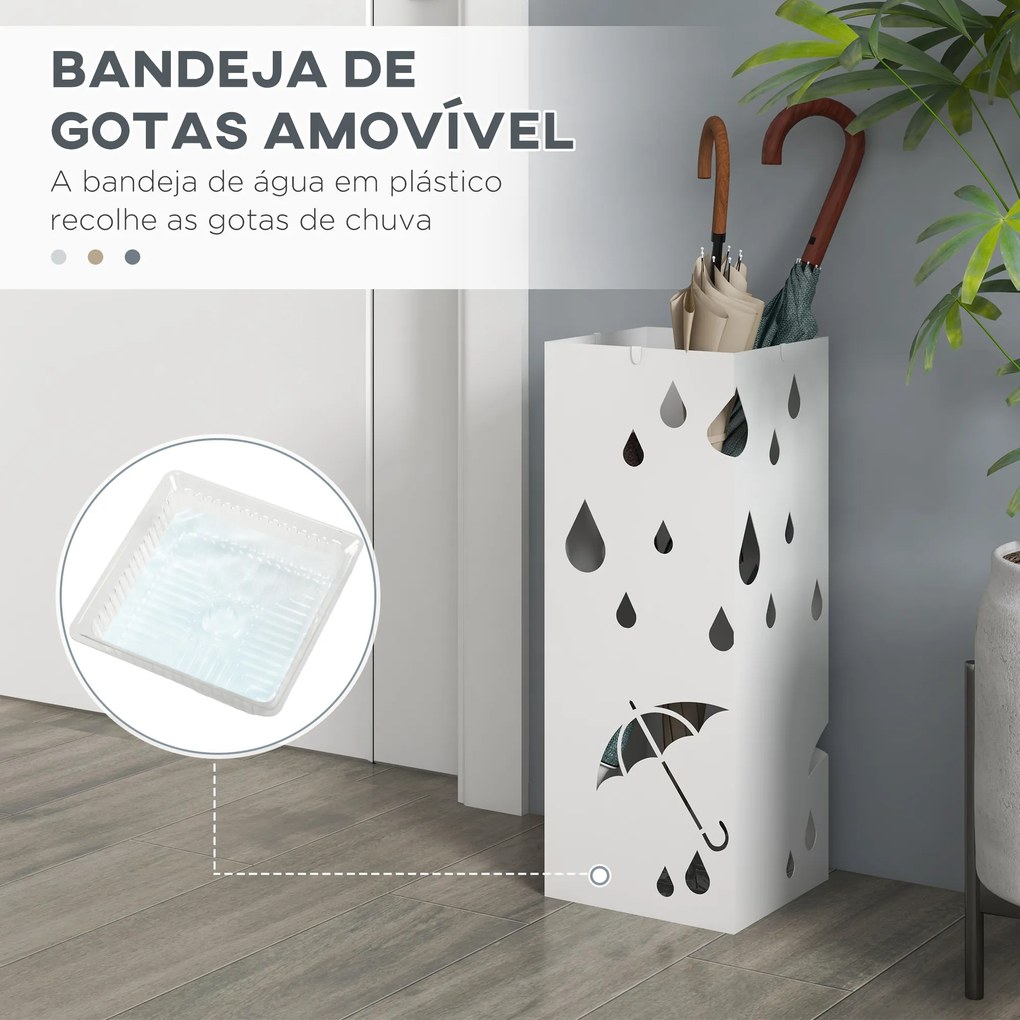 Suporte para Guarda-Chuvas com 4 Ganchos e Bandeja de Gotejamento Amovível Porta Guarda-Chuvas 15,5x15,5x40 cm Branco