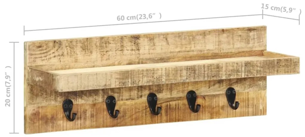 Cabide de parede 60x15x20 cm madeira de mangueira áspera maciça