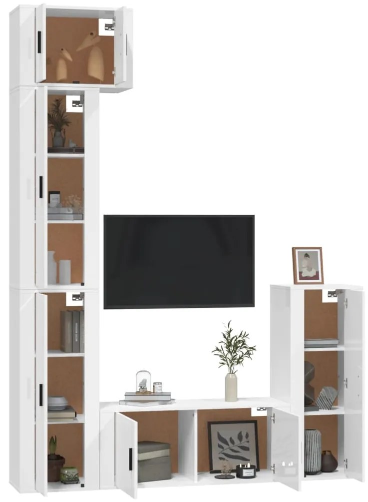 5 pcs conjunto móveis de TV madeira processada branco brilhante