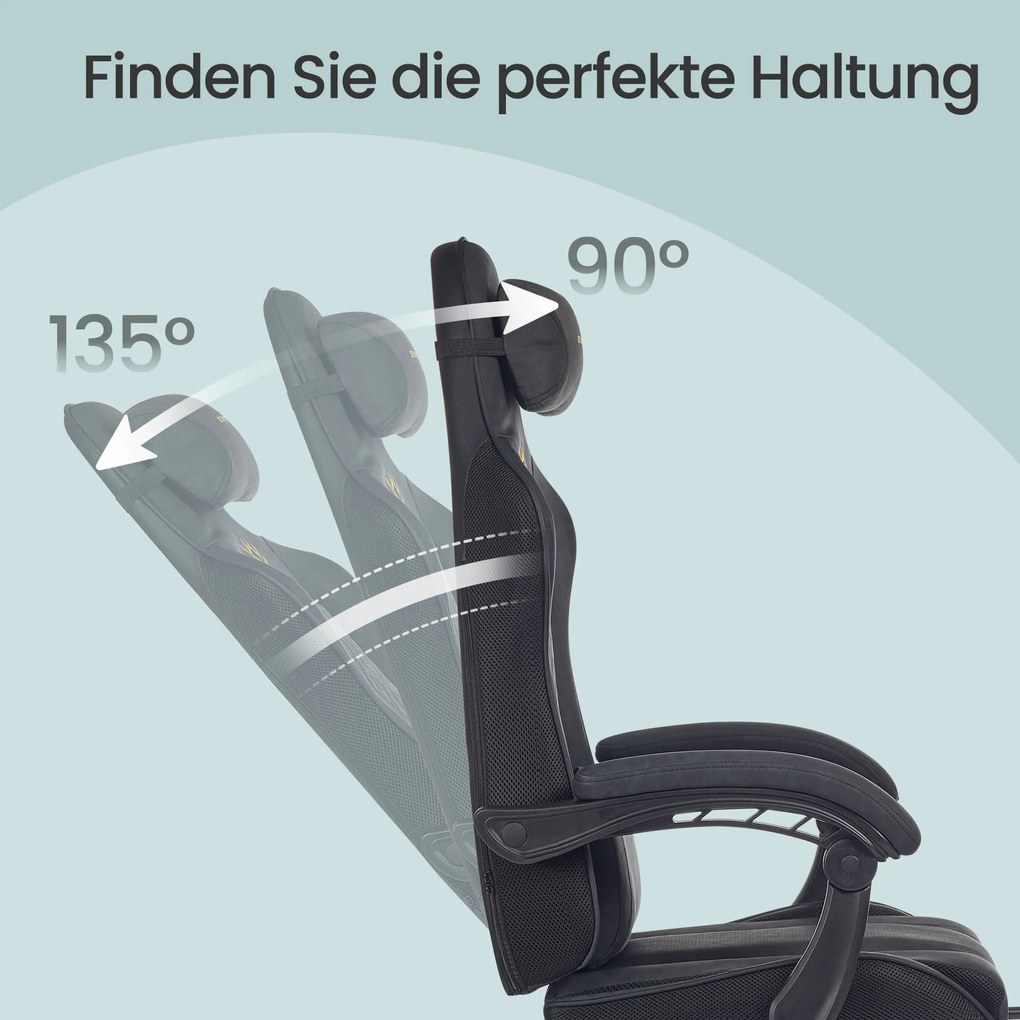 Cadeira gaming ergonómica para jogos com apoio para os pés e almofada de molas preta