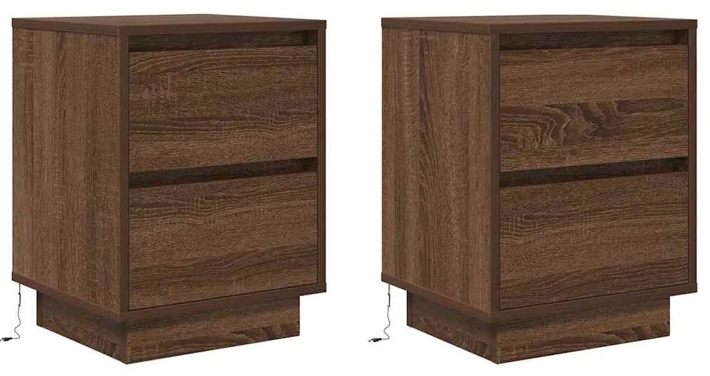 Mesas cabeceira c/ luzes LED 2 pcs 38x34x50cm carvalho castanho