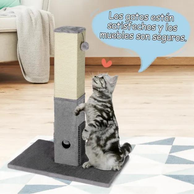 Arranhador para gatos com 79 cm de altura com brinquedo vertical para arranhar gatos com corda de sisal e plataforma de massagem cinza