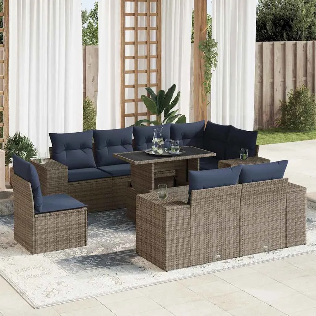 16 pcs conjunto sofás jardim almofadões vime PE/acácia cinzento
