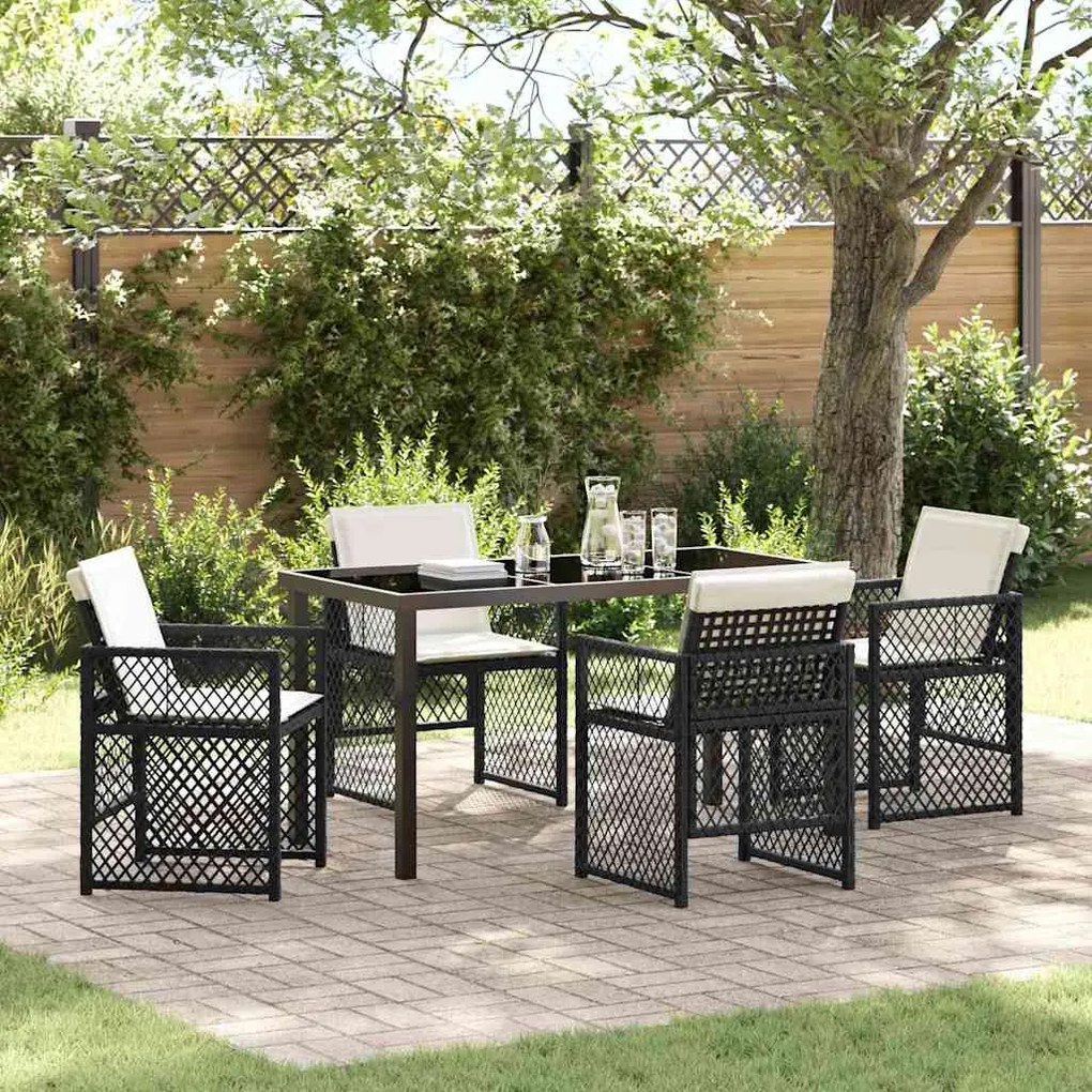 vidaXL Conjunto de Jantar de Jardim de 5 Peças com Almofadas Pretas em Rattan de Polipropileno