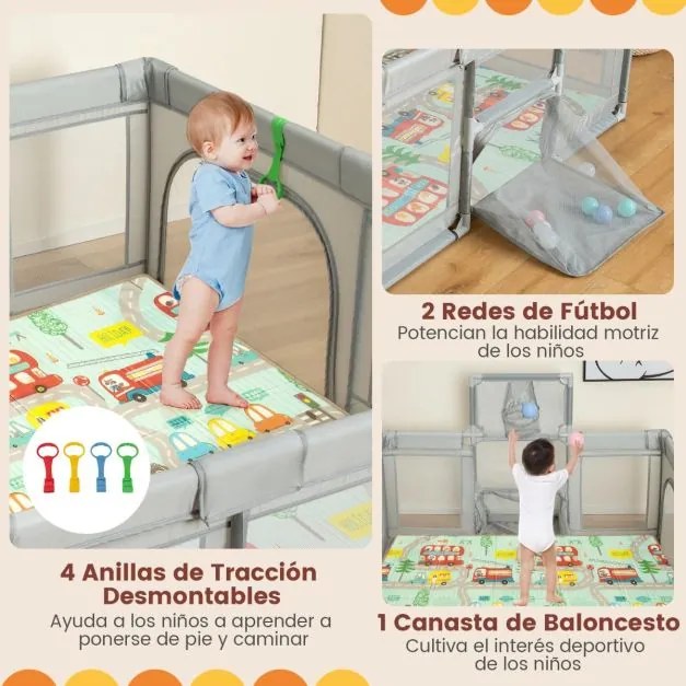 Parque infantil grande para bebés de 188 x 157 cm com aro de basquetebol, baliza, área de jogos com fecho e rede respirável cinzenta