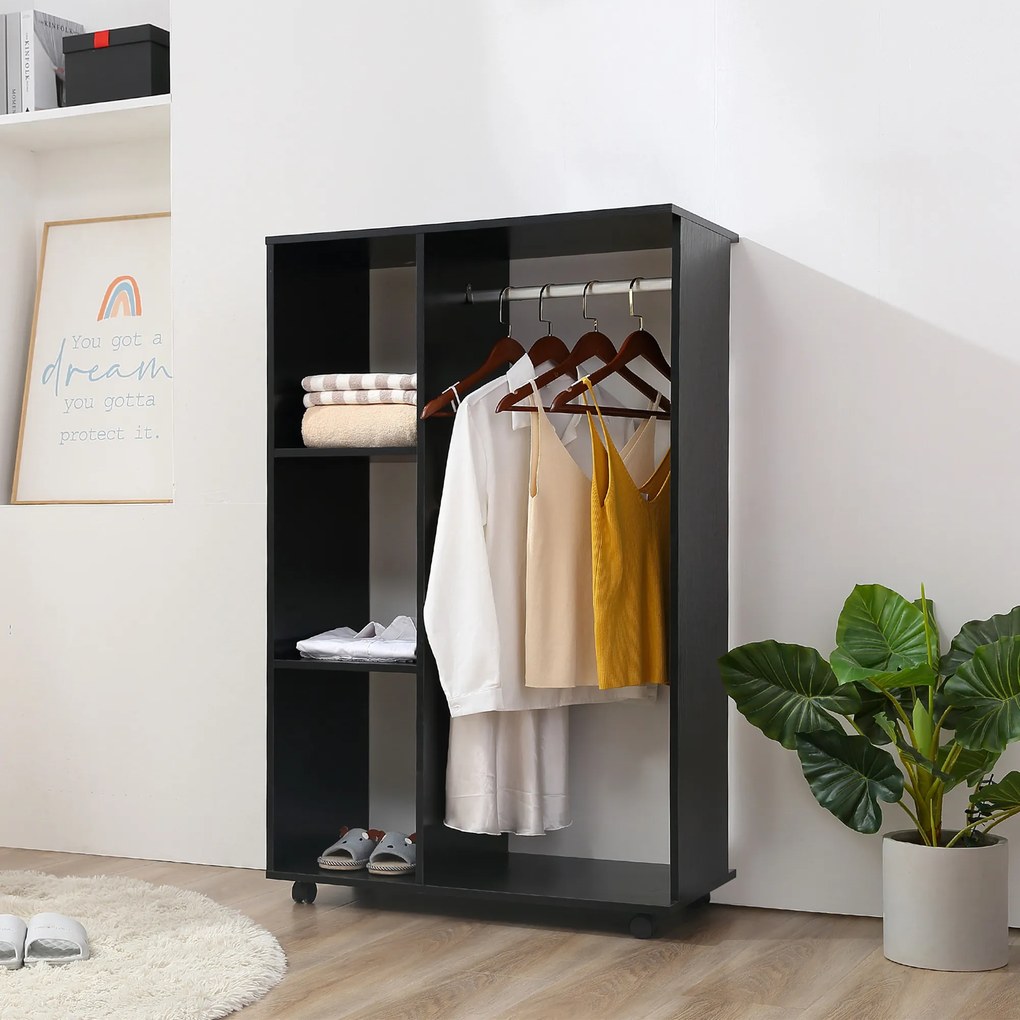 Guarda roupa de Madeira Móvel Armário Roupeiro Aberto com Barra para Pendurar e 3 Prateleiras Organizadoras 80x40x128 cm Preto