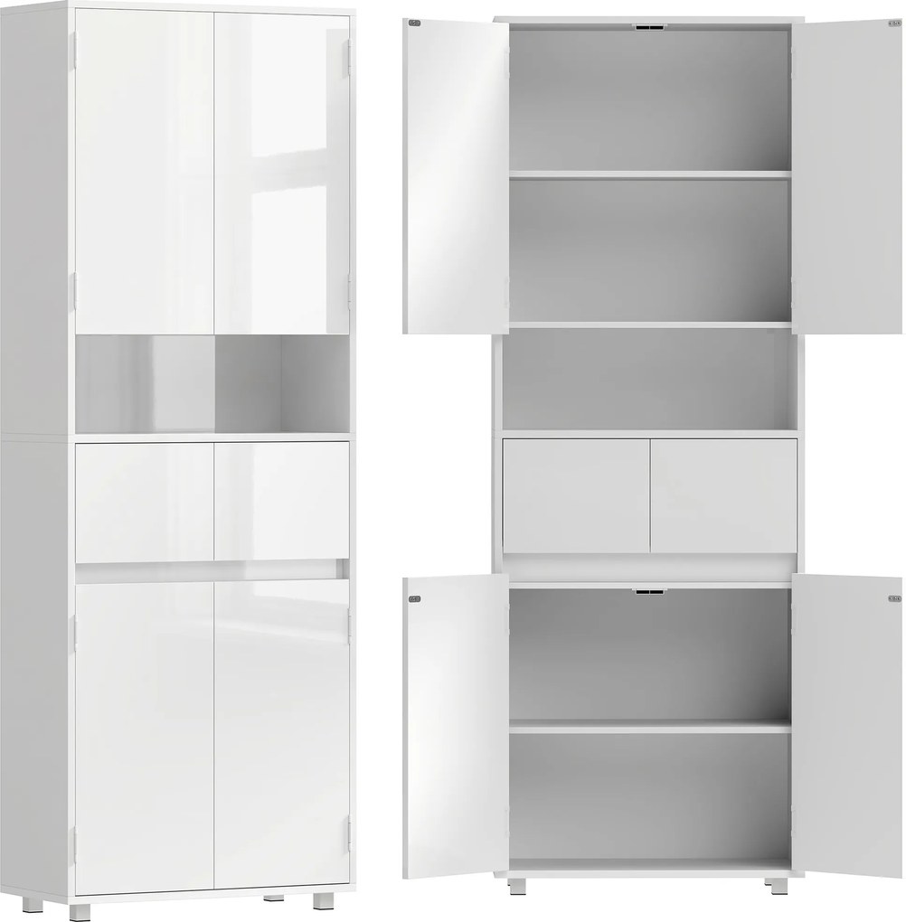 HOMCOM Móvel Alto Slim para Banheiro Branco Brilhante com Gavetas e Prateleiras | Aosom Portugal