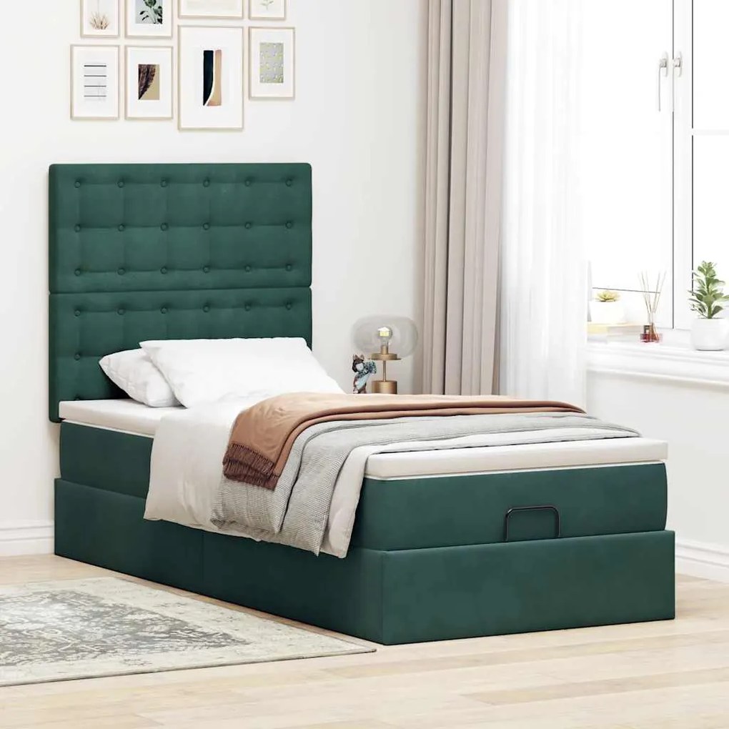 Estrutura de cama otomana vidaXL com colchões verde escuro Veludo