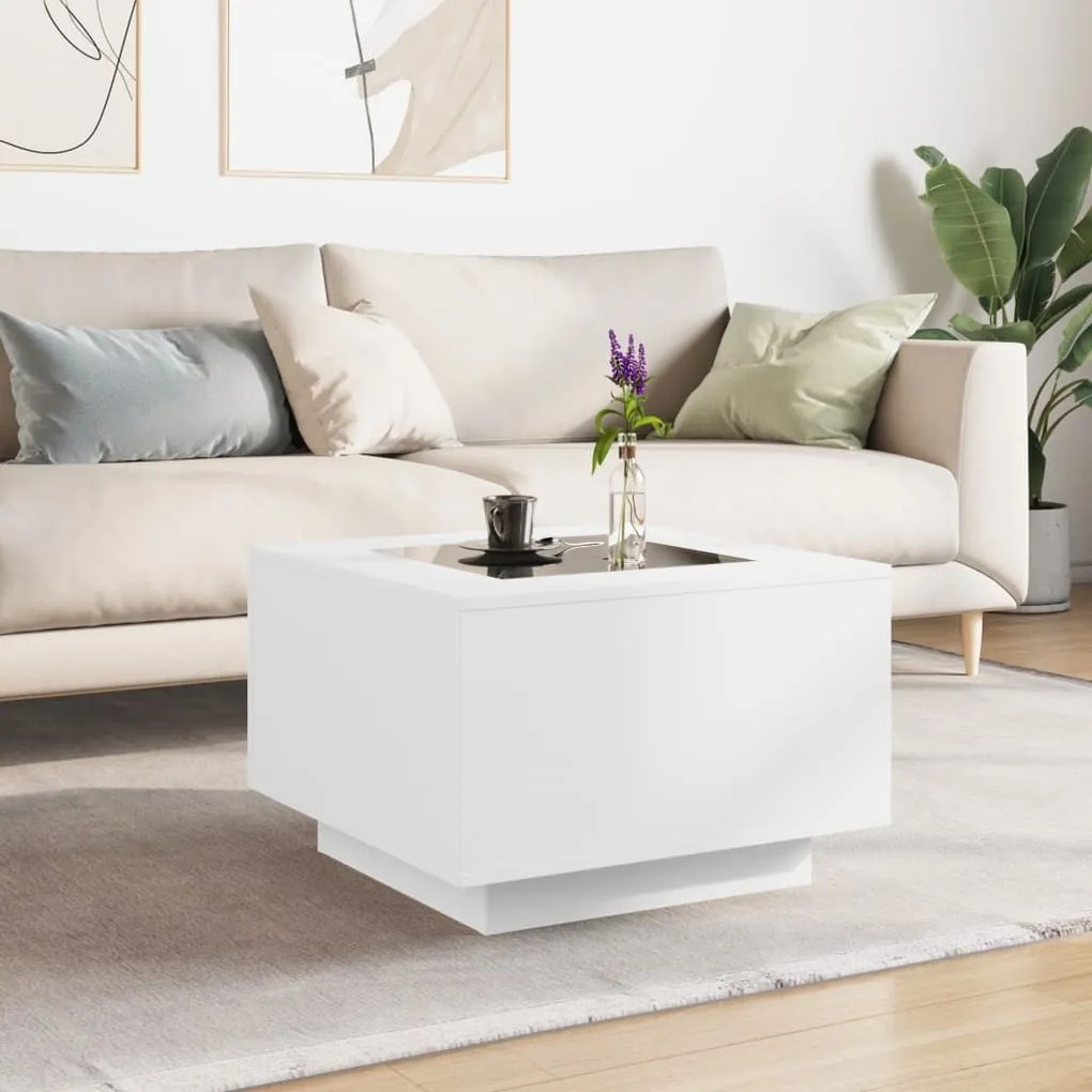 Mesa de centro c/LEDs 60x60x40cm contraplacado branco brilhante