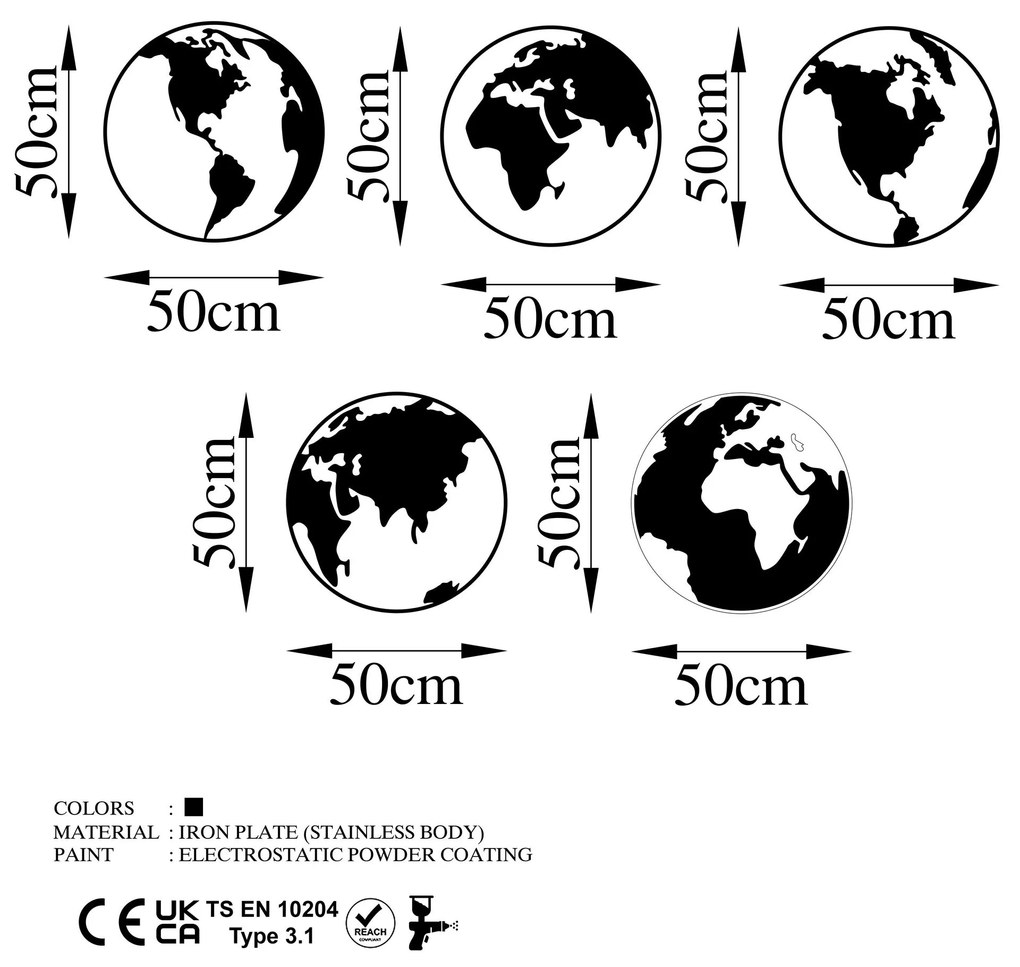 Acessório de Parede Decorativo World Map 2 – Preto – 50 x 50 cm (5 Peç