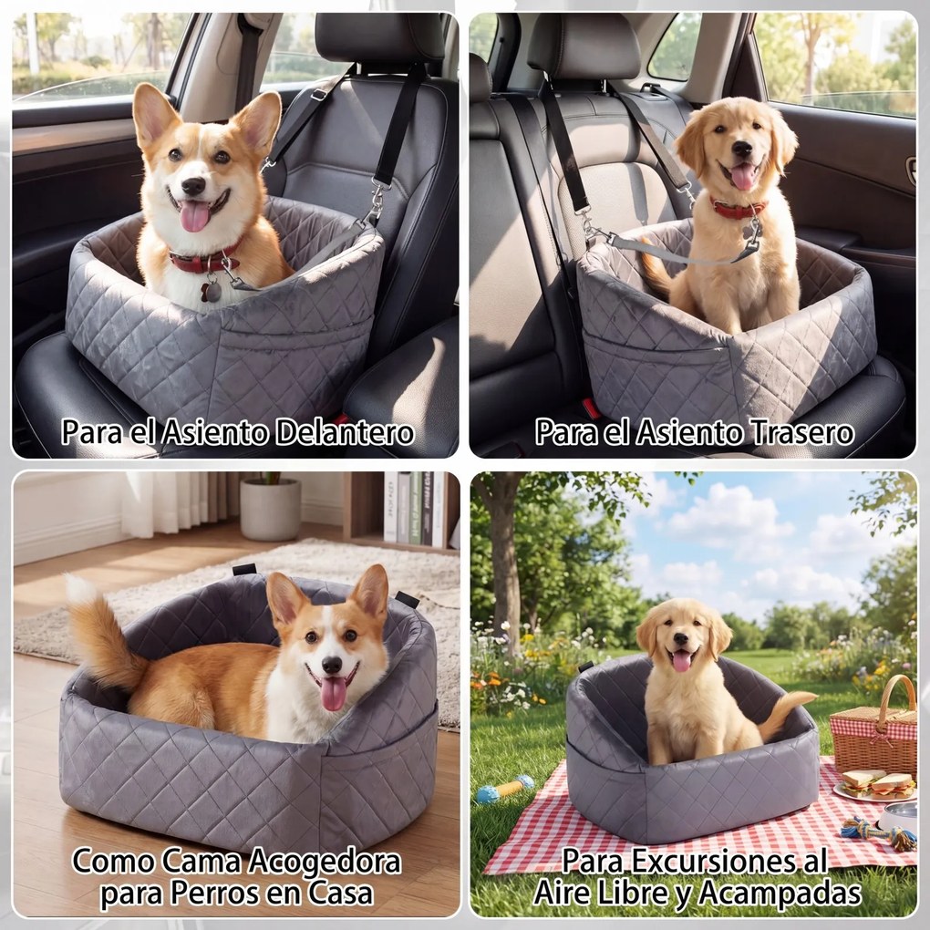 Transportadora de cães no Carro, 50 x 46 x 30 cm, Convertível em Cama, Cinzento