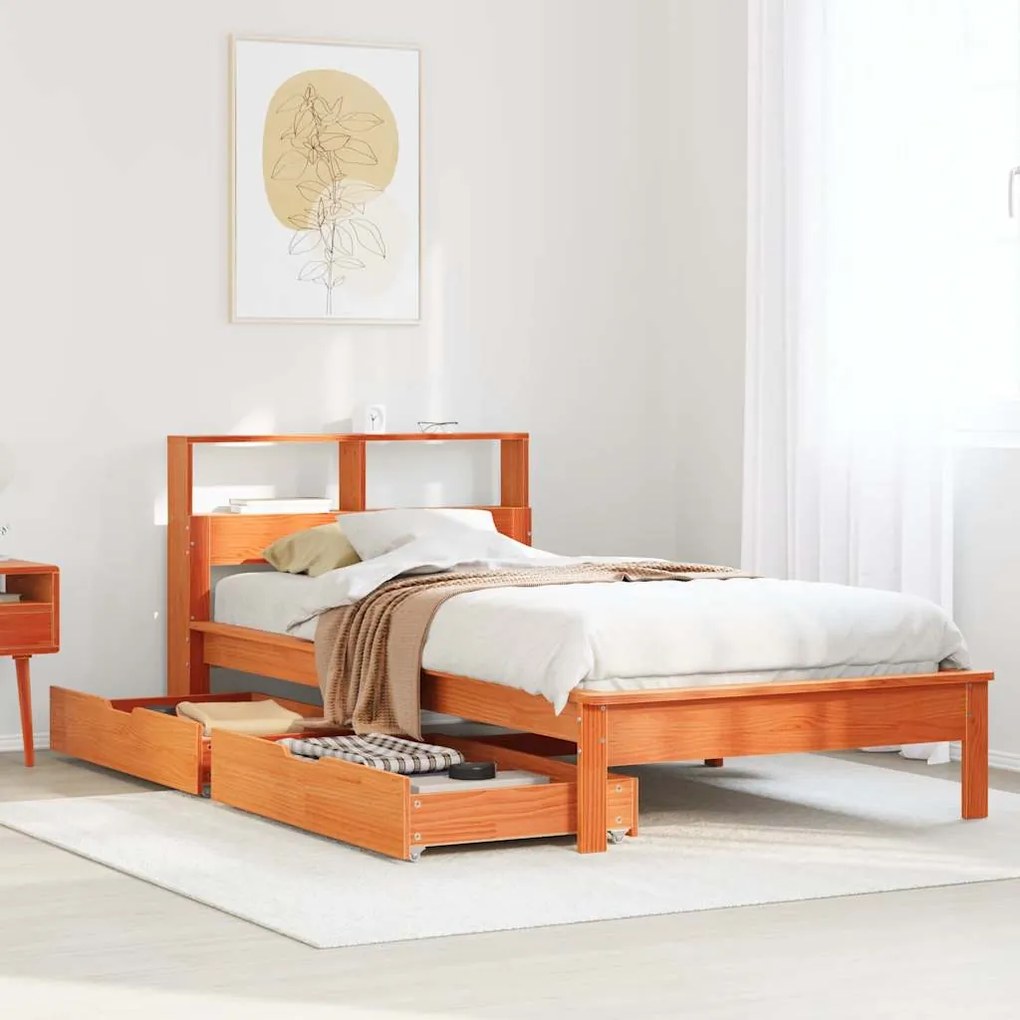 Cama com estante sem colchão 75x190cm pinho maciço castanho-mel