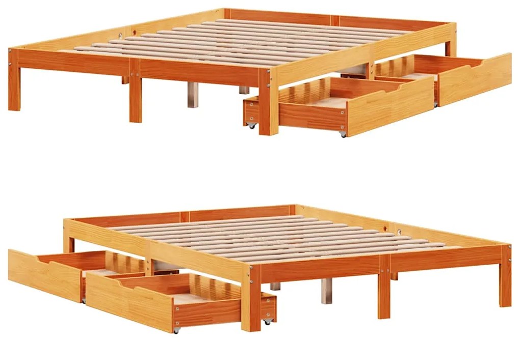 Estrutura cama c/ gavetas 140x200 cm pinho maciço castanho-mel