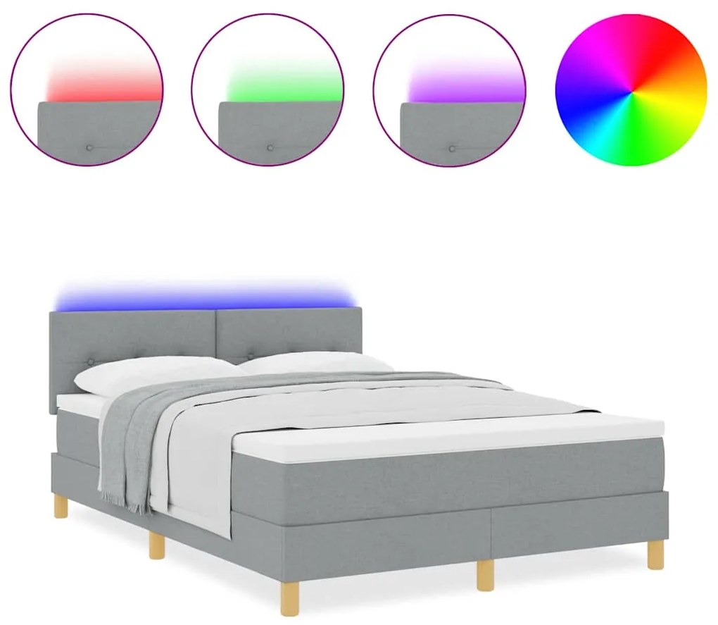 Cama Box com Colchão &amp; LED Cinza Claro 140x200 cm Tecido
