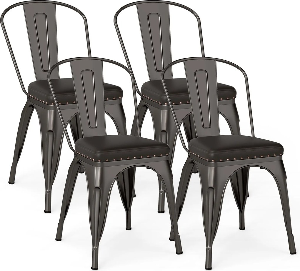 Conjunto de 4 cadeiras de jantar bistrô em metal empilháveis, cadeiras de cozinha acolchoadas, cadeiras de jardim com encosto 44 x 53 x 84 cm cinza es