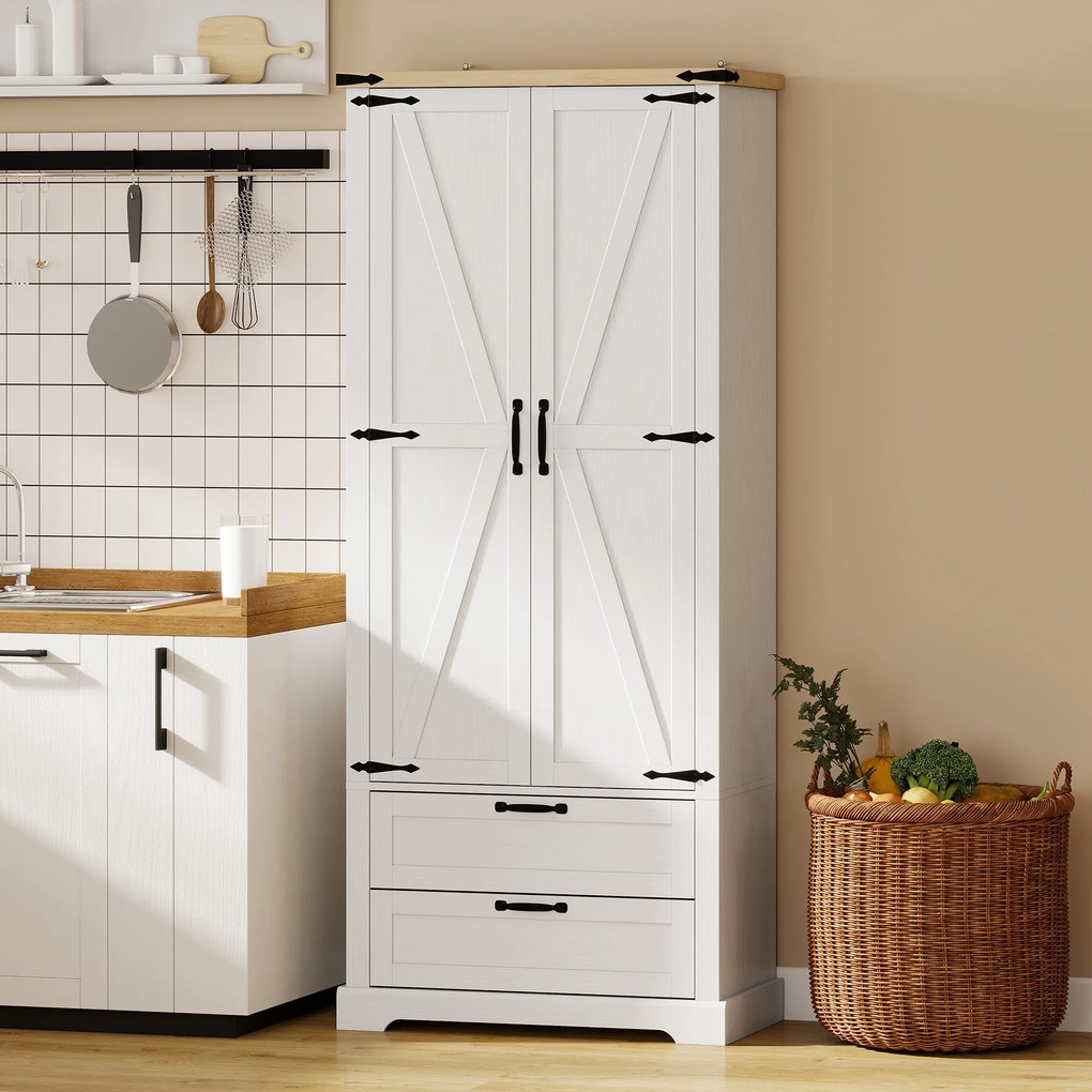 Armário de cozinha 76 x 40 x 180 cm, com 2 portas, 2 gavetas, prateleiras ajustáveis, estilo rústico, branco
