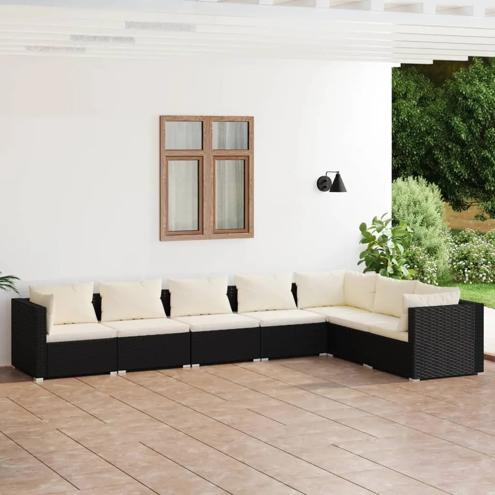 vidaXL 7 pcs conjunto lounge de jardim c/ almofadões vime PE preto