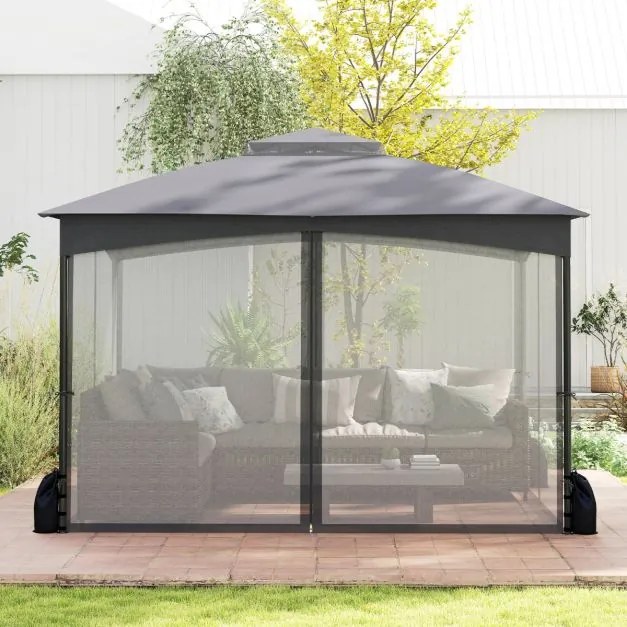 Pérgula para jardim 365x300 cm com paredes de malha com pesos areia Estrutura metálica resistente Portas com fecho Cinzenta