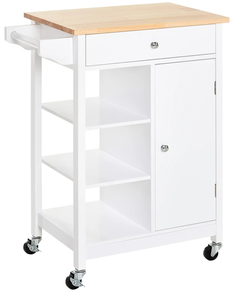 HOMCOM Carrinho de Cozinha multifuncional com 1 gaveta 1 armário 3 prateleiras abertas 66x39,5x86,5 cm Branco | Aosom Portugal