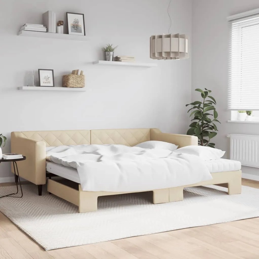 vidaXL Sofá-cama c/ gavetão e colchões 100x200 cm tecido cor creme