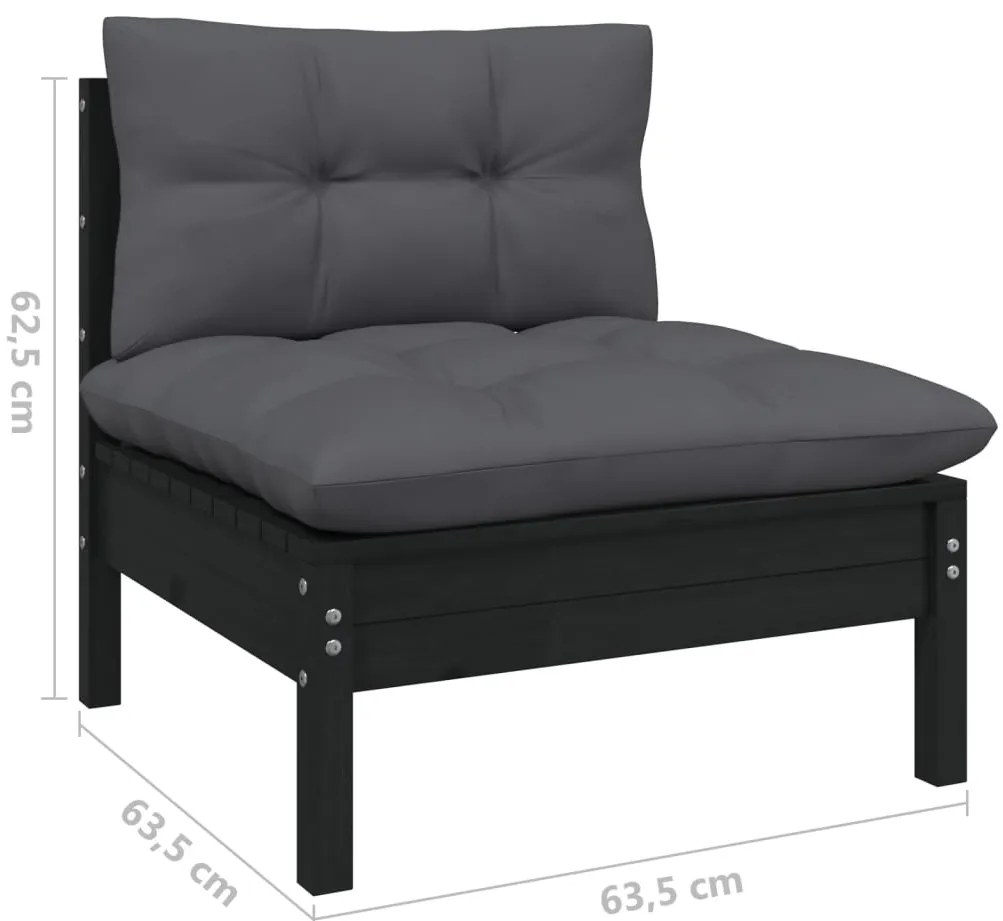 3 pcs conjunto lounge jardim c/ almofadões pinho maciço preto