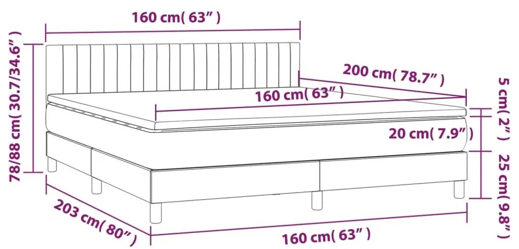 Cama box spring c/ colchão/LED 160x200cm tecido castanho-escuro