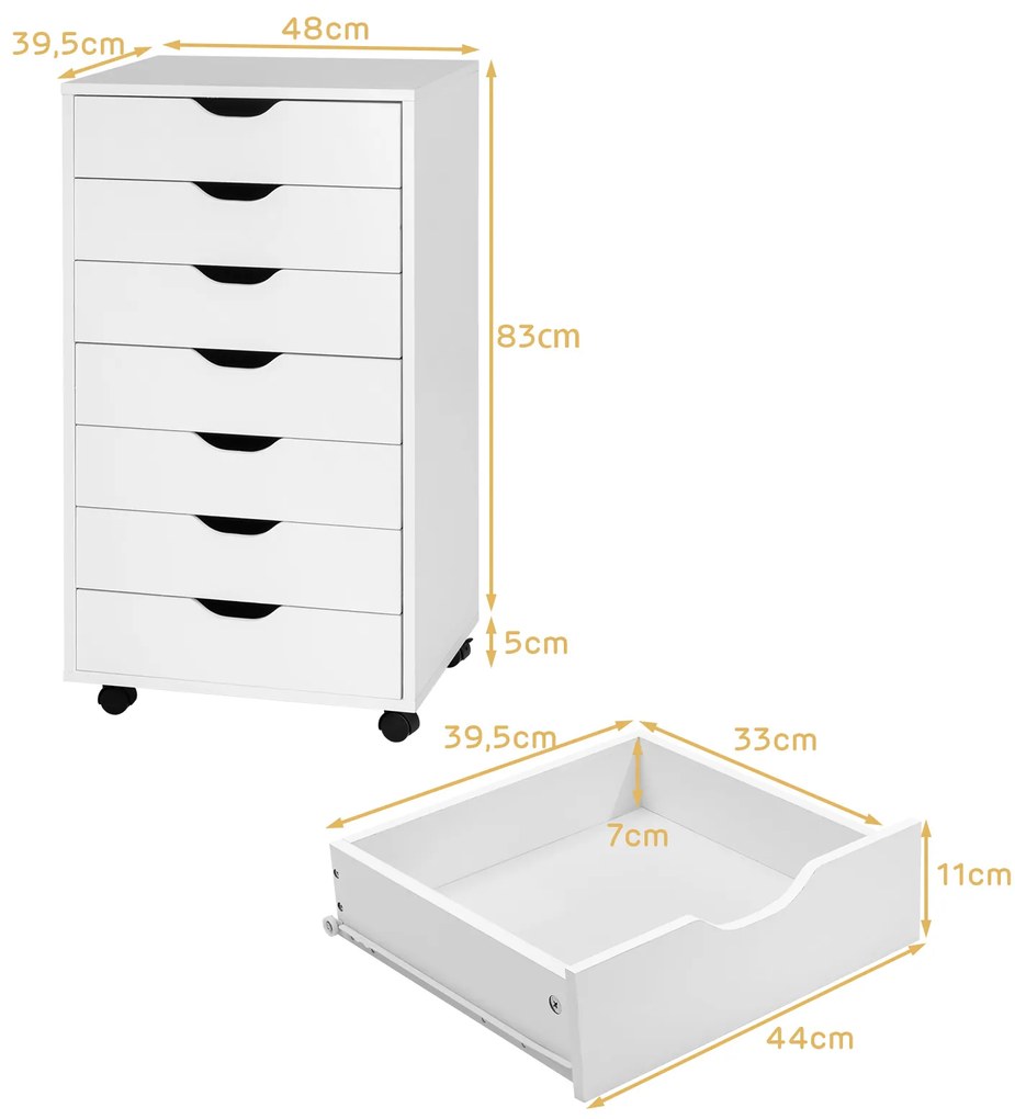 Armário de escritório com rodas com 7 gavetas, rodas bloqueáveis 48 x 40 x 89 cm branco